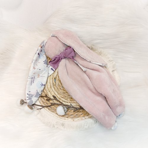 Joli doudou mou lapin rose motif renard / fin de serie