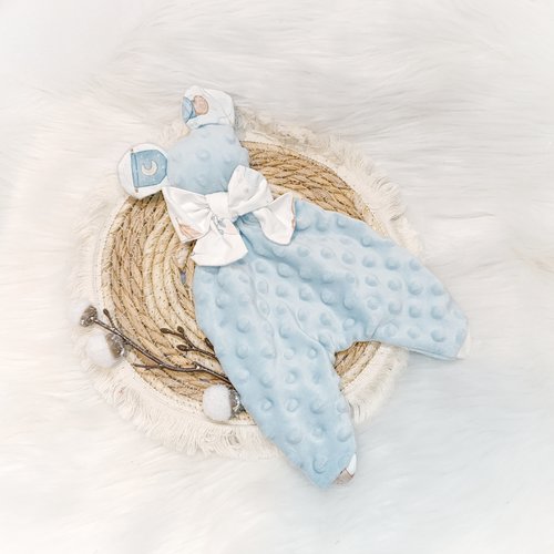 Joli doudou mou ourson vert d'eau et blanc