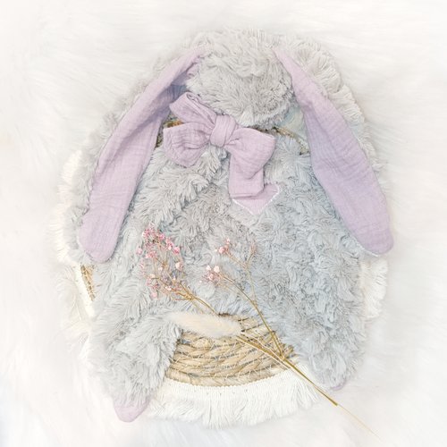 Joli doudou lapin fausse fourrure beige et vieux rose
