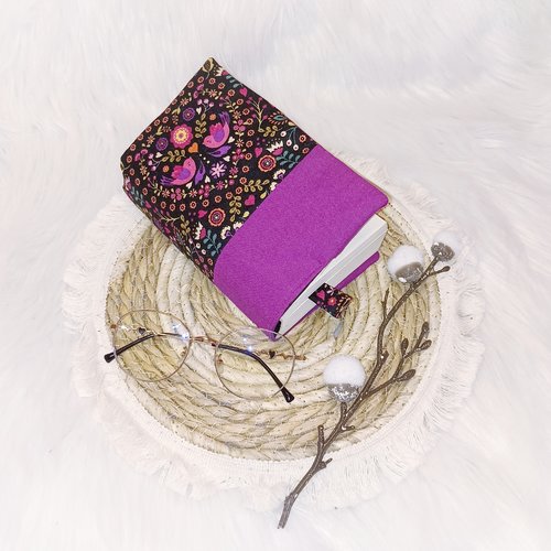 Protège livre motif violet et fleuri oiseaux