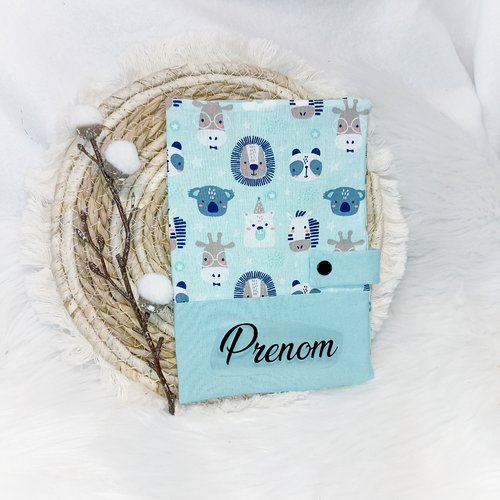 Joli protège carnet de sante animaux mignons vert d'eau