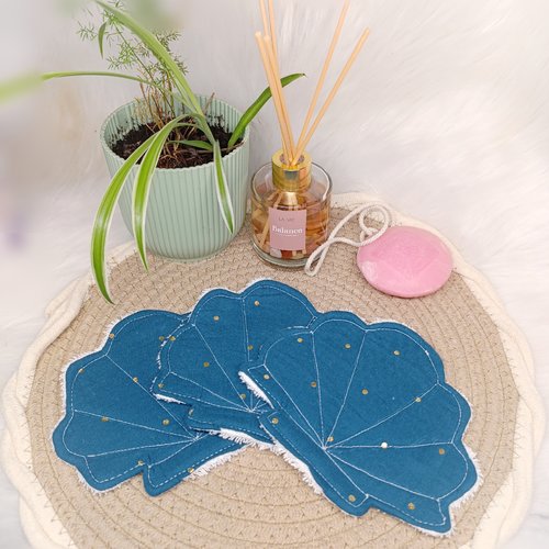Lingettes lavables /réutilisables coquillage bleu roi et doré