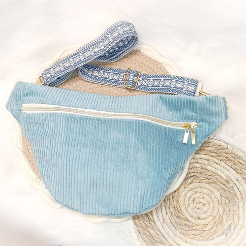 Sacoche / sac banane velours bleu vert