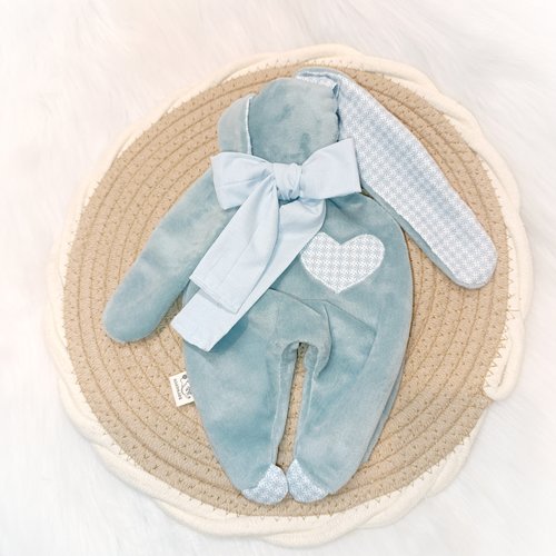 Joli doudou mou lapin vert d'eau