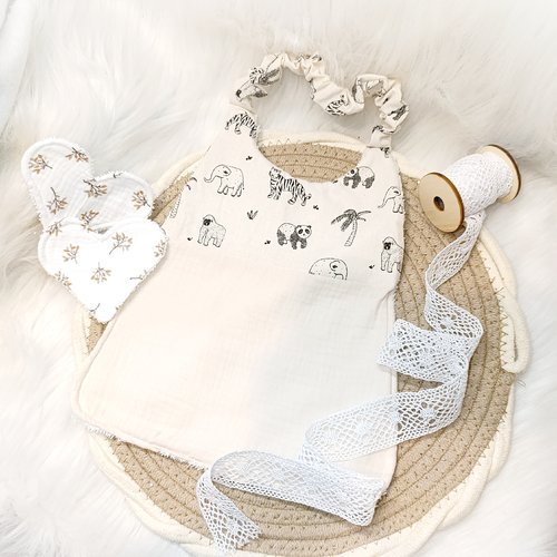 Joli bavoir élastique / maternelle écru animaux