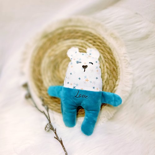Joli doudou ourson turquoise et blanc