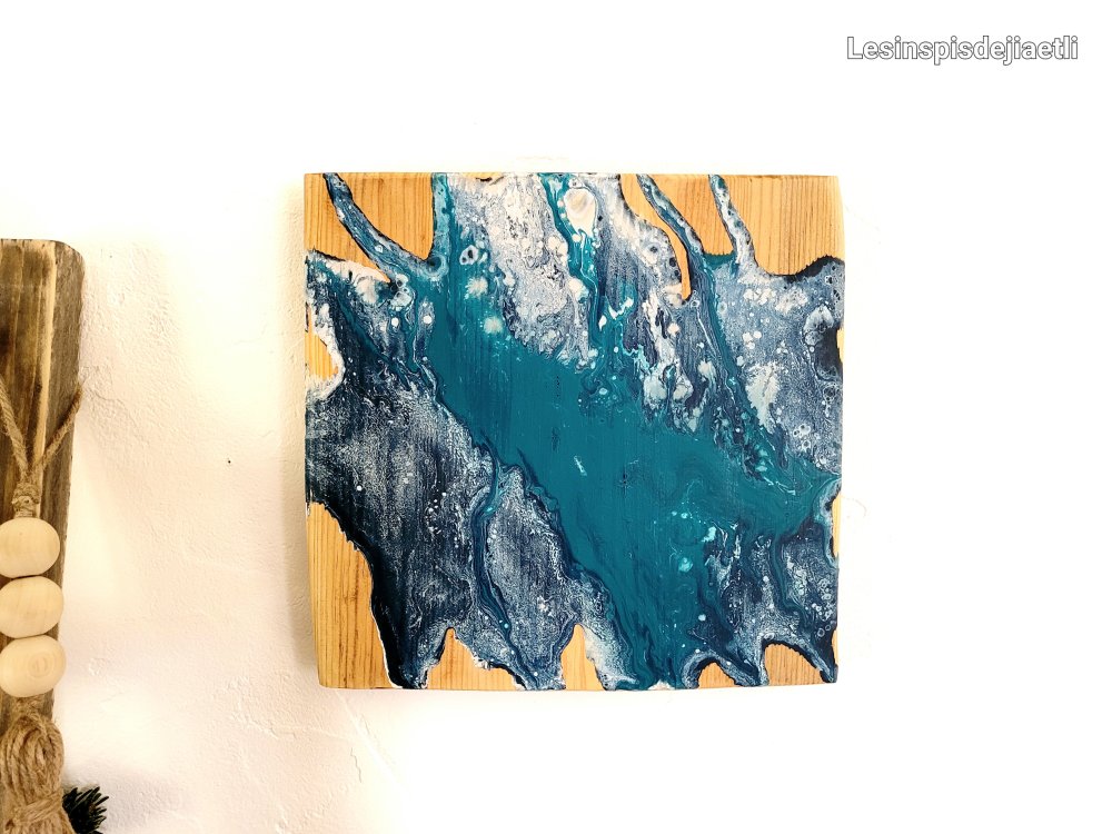 Tableau bois peinture acrylique bleu et blanc, tableau déco en bois  recyclé. - Un grand marché