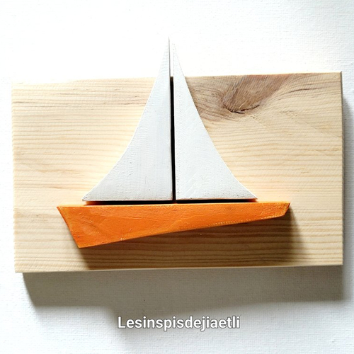 Petit tableau marin en bois, voilier minimaliste orange et blanc, décoration murale mer