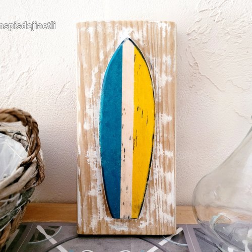 Surf décoration murale, petit tableau en bois recyclé vieilli bleu et jaune