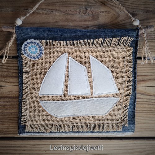 Tableau marin en tissu, bateau, décoration murale bord de mer en jean et toile de jute