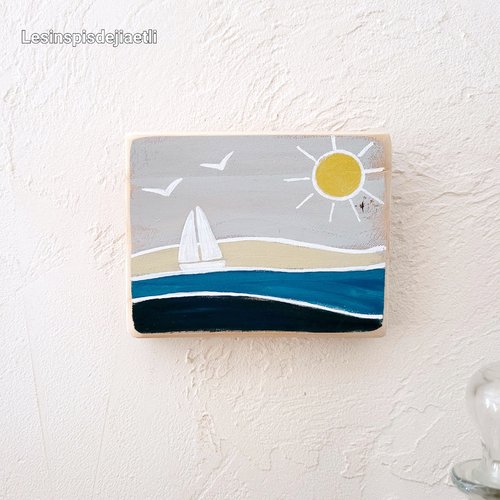 Petit tableau marin en bois peint, voilier minimaliste, décoration murale mer