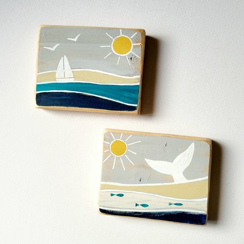 Petit tableau bord de mer en bois peint recyclé