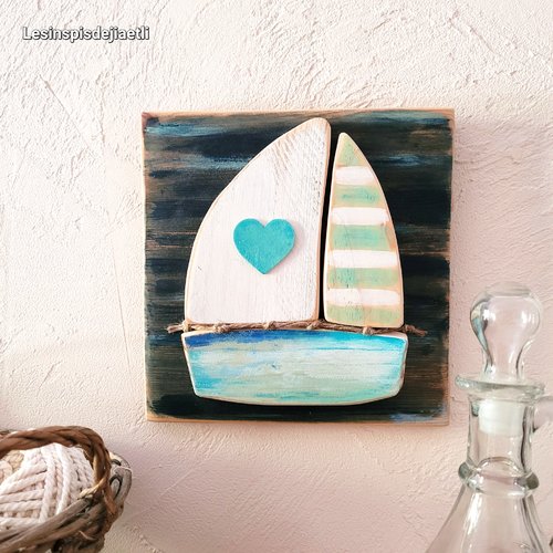 Tableau bateau en bois recyclé, voilier, petite décoration murale en bord de mer 3d en bois
