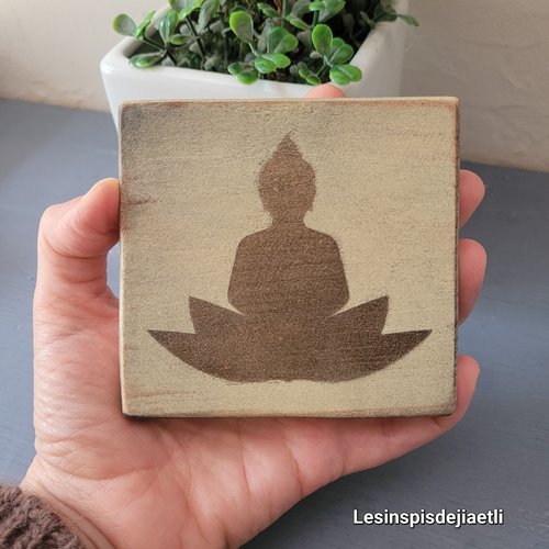 Mini tableau bouddha en bois peint recyclé, décoration yoga, méditation