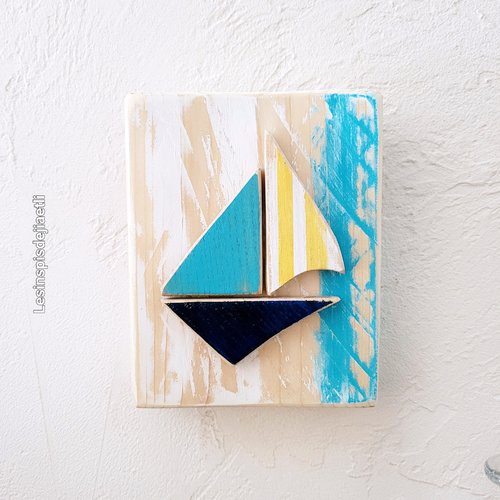 Petit tableau marin bateau, voilier en bois recyclé peint. décoration murale bord de mer, plage.