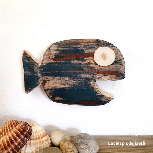 Gros poisson en bois de récupération à accrocher, décoration marine en bois vieilli