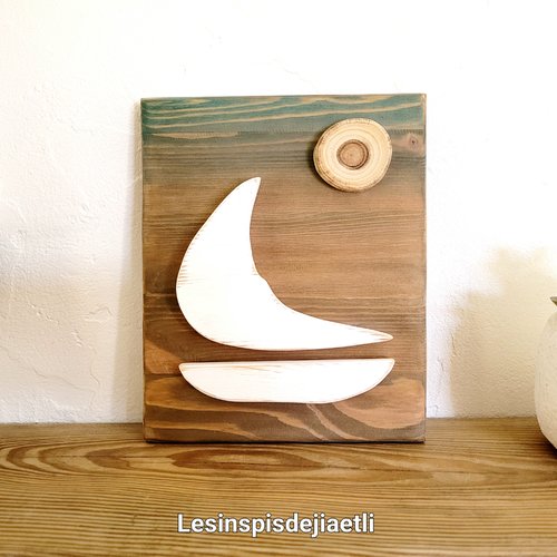 Tableau marin en bois, déco murale mer, voilier minimaliste.