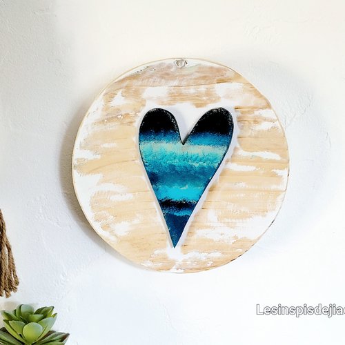 Tableau cœur en bois recyclé bleu et blanc, déco murale bord de mer