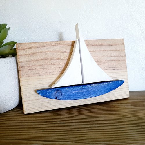 Petit tableau marin en bois, voilier minimaliste bleu et blanc, décoration murale mer