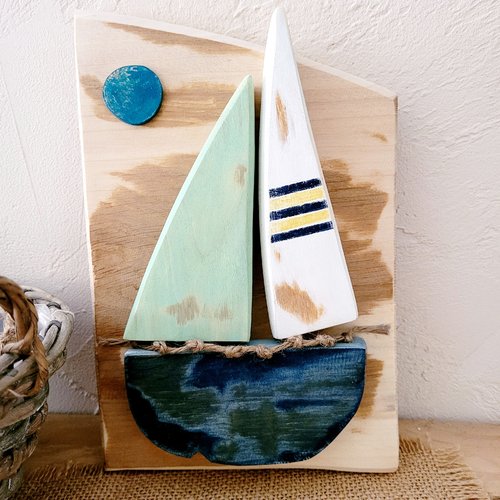 Petit tableau marin en bois recyclé peint, bateau, voilier.