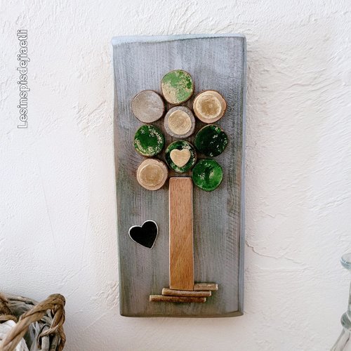 Tableau en bois recyclé nature vert, arbre minimaliste, décoration murale nature en bois argent et vert, green écolo.