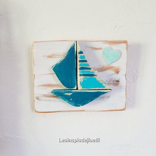 Petit tableau bateau bleu en bois recyclé, décoration murale bord de mer, plage, nautique.