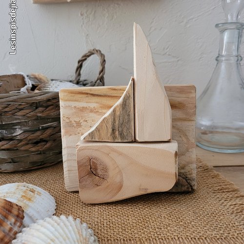Bateau, petit tableau en bois recyclé brut, déco mer