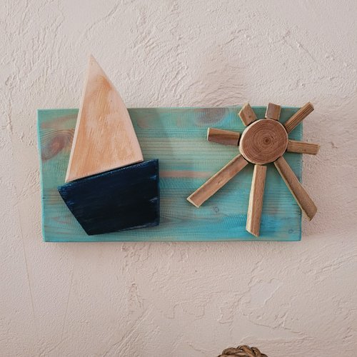 Joli petit tableau en bois bord de mer, coloré, bateau et soleil