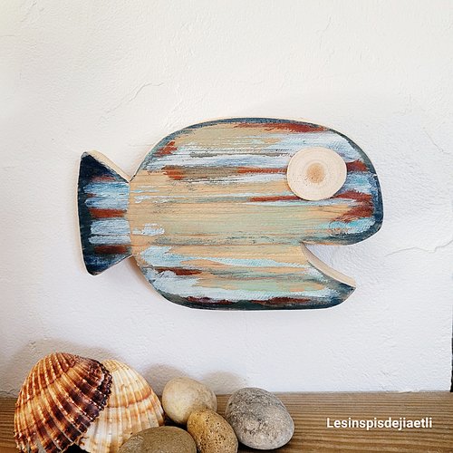 Gros poisson mural en bois de récupération, décoration nautique en bois vieilli