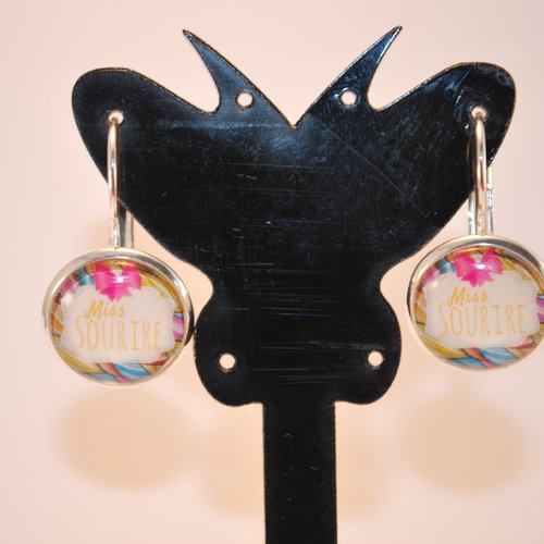 Boucles d'oreilles dormeuses, cabochon en verre coloré miss sourire