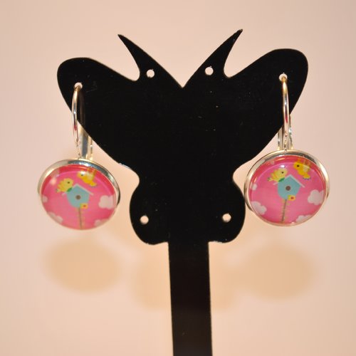 Boucles d'oreilles dormeuses, cabochon en verre coloré nid d'oiseau