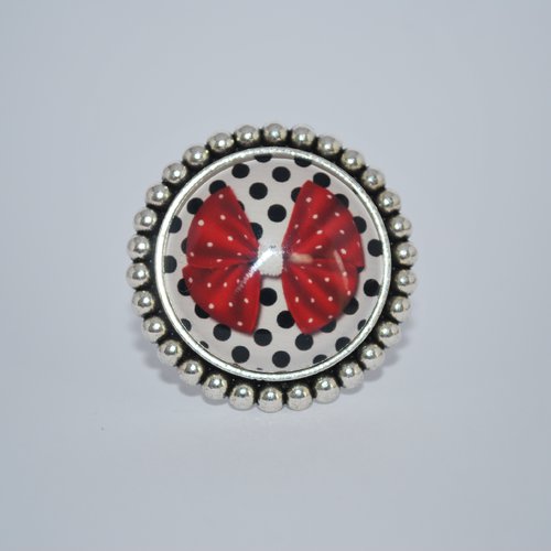 Bague argenté ajustable cabochon en verre coloré noeud rouge