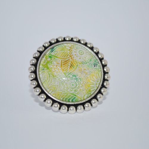 Bague argenté ajustable cabochon en verre coloré floraison