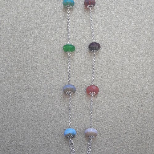 Collier Sautoir Vintage En Perles De Verre Multicolores - Argenté, Parfait état - Origine France