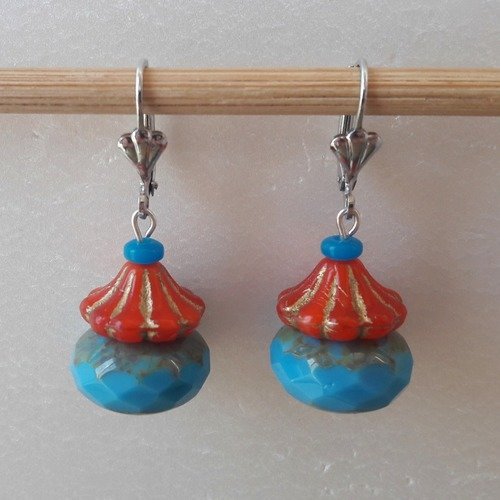 Boucles d'oreilles perles à facettes de bohème bleue et orange en verre tchèque 