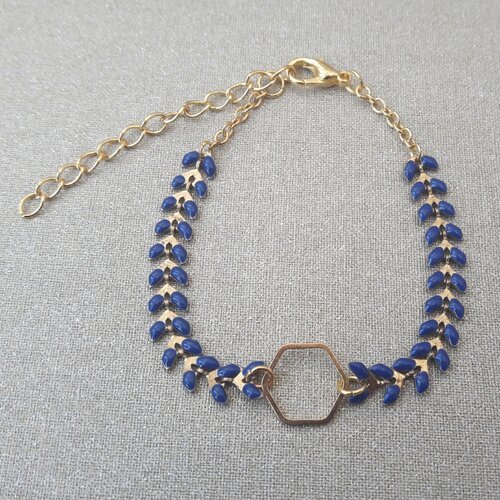 Bracelet chaîne épi émaillée bleu marine hexagone doré
