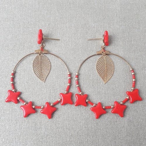 Boucles d'oreilles créoles dorées perles star beads et perle miyuki rouge et doré 