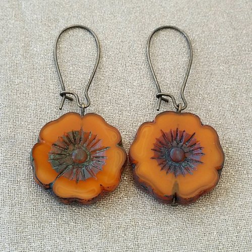 Boucles d'oreilles fleurs hawaïennes oranges en verre tchèque