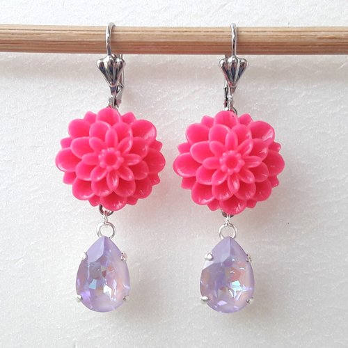 PERLES EN RESINE VERT MAUVE BLANC BOUCLES D/'OREILLES METAL ARGENTE 5 CM