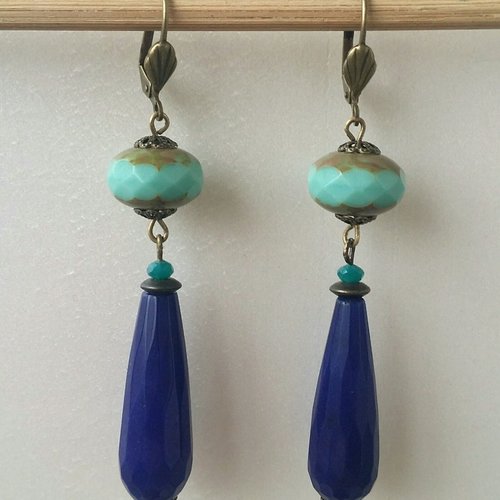 Boucles d'oreilles perles en verre de bohème turquoise, goutte en pierre bleu marine