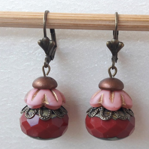 Boucles d'oreilles perles à facettes de bohème bordeaux rose cuivre