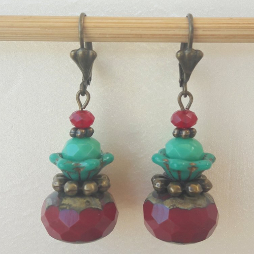 Boucles d'oreilles perles à facettes de bohème bordeaux et turquoise en verre tchèque