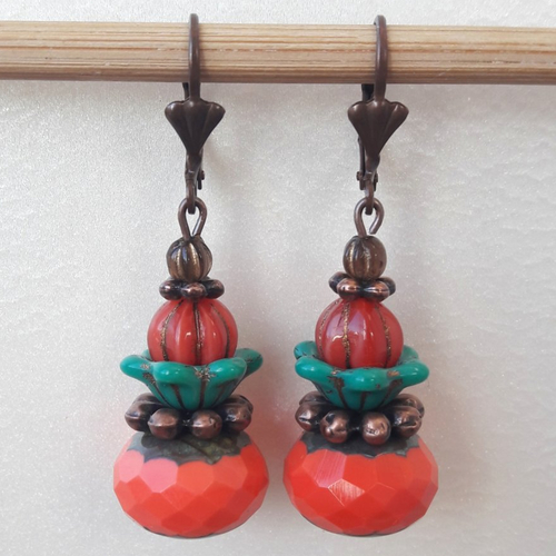 Boucles d'oreilles perles à facettes de bohème corail rouge turquoise et marron en verre tchèque