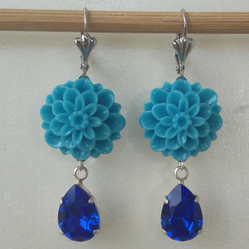 Boucles d'oreilles fleurs résine bleue goutte cristal swarovski bleu roi