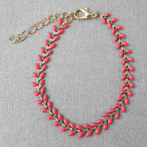 Bracelet chaîne épi émaillée rouge vermeil /rose foncé doré 