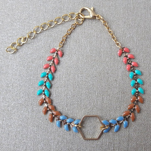 Bracelet chaîne épi émaillée multicolore (bleu, marron, turquoise et corail) hexagone doré