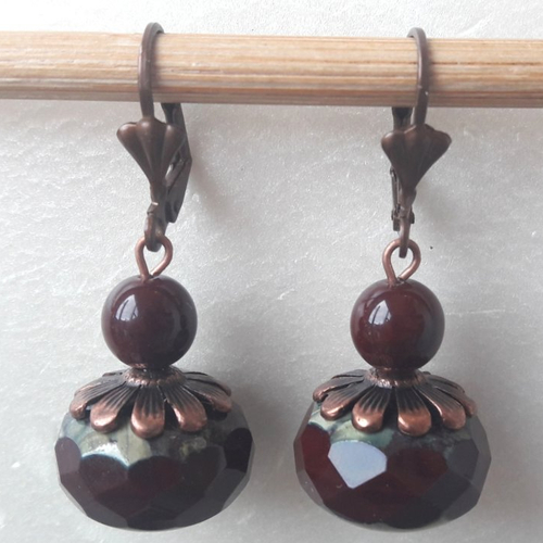 Boucles d'oreilles perles à facettes de bohème marron chocolat cuivre