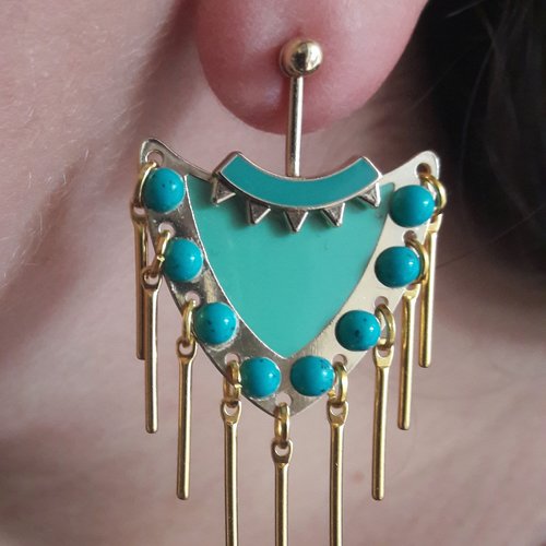 Boucles d'oreilles triangle émaillé turquoise, gouttes fines doré