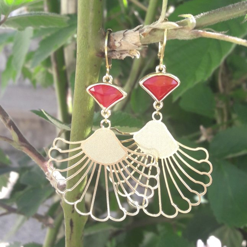 Boucles d'oreilles feuilles tropicales et éventails rouges