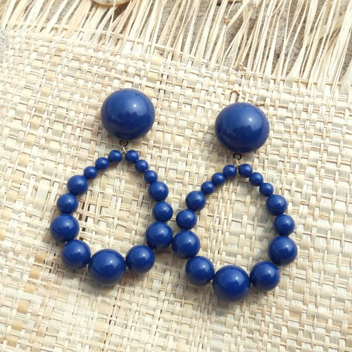 Boucles d'oreilles (gros cabochon petit modèle) créoles perles bleu nuit - esprit vintage